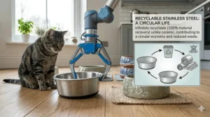 A conceptual graphic illustrating the sustainable and recyclable circular life cycle of stainless steel pet bowls for eco-conscious UK consumers.