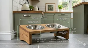 A person lifting a removable stainless steel bowl from the wooden stand, highlighting that the inserts are dishwasher safe.