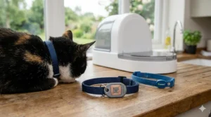 Detailed view of a blue cat collar and RFID tag programmed for a microchip feeder, resting on a rustic kitchen surface.