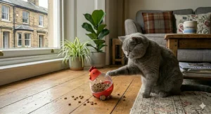An egg-shaped rolling food dispenser toy that releases small amounts of kibble as a cat plays.