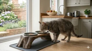A double raised cat feeder featuring two green ceramic bowls set into a handcrafted oak wood stand with unique sculpted legs.
