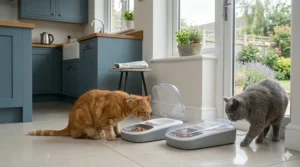 Illustration of two cats in a British kitchen, where the microchip feeder stays closed for a grey British Shorthair while opening for the authorised ginger cat.