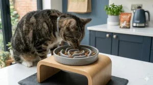 A senior cat with arthritis benefiting from a raised feeder that reduces joint strain and helps with comfortable digestion.