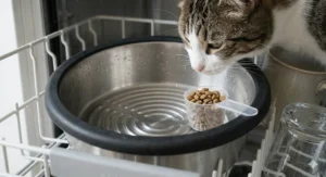 A wide, shallow stainless steel cat dish designed to prevent whisker fatigue, shown with a measuring scoop.
