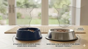 Side-by-side comparison of a deep plastic bowl versus a wide, shallow stainless steel cat bowl to show whisker clearance.