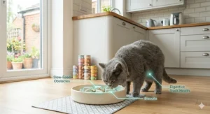 A British Shorthair cat eating wet food from a ceramic slow feeder bowl next to an open tin of Lily's Kitchen cat food in a modern kitchen.