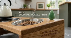 Close-up of a hand-finished solid oak cat feeder stand with a water-resistant durable finish and British craftsmanship branding.
