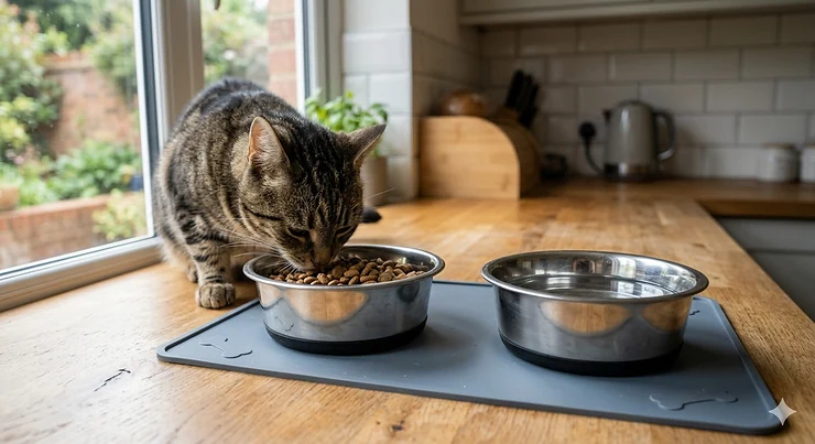 A premium set of two stainless steel cat bowls on a grey silicone mat, featuring a tabby cat eating in a bright British kitchen. stainless steel cat bowls set