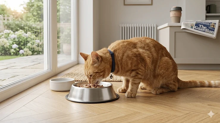 A ginger tabby cat eating comfortably from a wide, shallow stainless steel bowl designed to prevent whisker fatigue, set on a modern British kitchen floor. stainless steel cat bowls for whisker fatigue