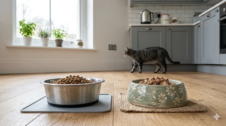 A side-by-side comparison of a sleek stainless steel bowl and a decorative ceramic cat bowl on an oak kitchen floor in a British home. stainless steel vs ceramic cat bowls