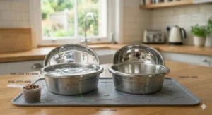Detailed view of eco-friendly, long-lasting stainless steel pet bowls with technical specifications for UK consumers.