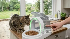 A person’s hand demonstrating the training mode button on a cat feeder to help a tabby cat get used to the moving lid.