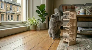 A tiered vertical treat tower that requires cats to bat food down through different levels to eat.