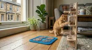 A wooden wall-mounted cat puzzle feeder integrated into a climbing system to encourage physical activity.