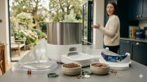 The microchip feeder presented alongside bowls of dry kibble and a pouch of wet cat food to show feeding versatility.