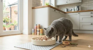 A detailed view of a heavy, non-slip ceramic slow feeder bowl that is hygienic, easy to wash, and helps prevent feline acne.