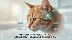 Diagram illustrating how narrow bowls overstimulate a cat's sensitive whiskers, leading to whisker fatigue and mealtime stress.