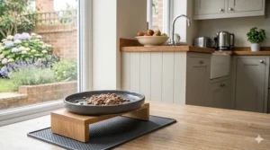 A wide, shallow grey ceramic cat bowl on a low wooden stand designed to prevent whisker fatigue during mealtimes in a bright UK home.