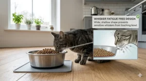An informative graphic showing a cat feeding from a wide, shallow bowl designed to prevent whisker fatigue by keeping whiskers away from the sides.