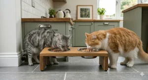 Detailed product dimensions for the oak cat feeding station in centimetres, showing height, width, and bowl diameter.