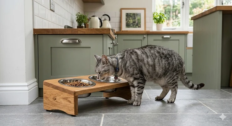 A luxury wooden elevated cat feeding station with two stainless steel bowls in a modern British kitchen featuring shaker cabinets. wooden elevated cat feeding station