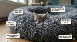 Illustration showing how the raised rim of a calming donut cat bed provides a sense of security and reduces pet anxiety.