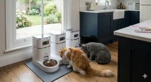 A close-up photograph of a multi-cat automatic cat feeding station on an oak floor in a UK kitchen, where three distinct automatic feeders manage the meal times and portion sizes for three waiting cats.