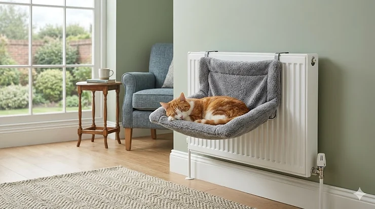A ginger tabby cat sleeping soundly in a cream fleece radiator cat bed attached to a standard white double panel radiator. radiator cat beds