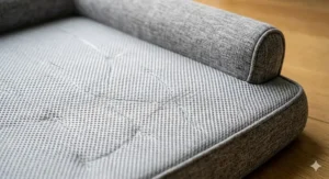 Close-up illustration of the breathable mesh fabric on a cooling cat bed designed for summer airflow.