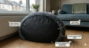 Detailed shot of the deep-pile shaggy texture of a calming donut bed designed for cats to burrow and feel safe.