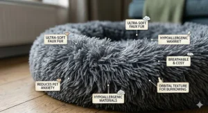 A collection of donut cat beds in various British interior colours like charcoal, cream, and sage green.