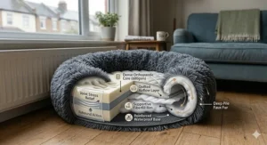 A size guide for the calming donut cat bed showing dimensions in centimetres for small and large cats.