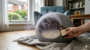 An enclosed cat bed with a gentle mist of calming valerian or chamomile scent, designed to soothe nervous pets in a quiet home environment.