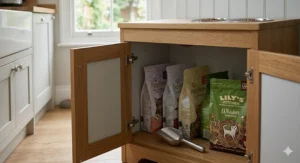 Interior view of the storage cupboard in a raised cat feeder showing organised pouches of cat food and a tin of treats.
