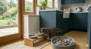 Multi-functional cat feeding station including built-in storage for dry food and treats in a modern flat.