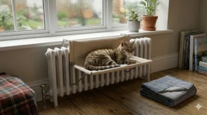 A traditional British radiator-mounted cat bed in a living room, showing a cozy alternative to electric heating during a rainy day.