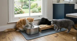 A close-up photograph of a multi-cat water fountain and stainless steel feeding area in a UK kitchen, with a ginger tabby drinking and two other cats eating from ceramic bowls on an oak floor.