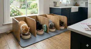 A close-up photograph of different ceramic slow-feeder bowls with unique maze designs on a wooden cat feeding station, where four cats are calmly eating within privacy compartments in a UK kitchen.