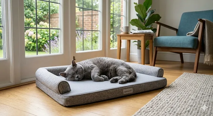 A fluffy British Shorthair cat relaxing on a grey cooling cat bed during a summer afternoon in a bright UK living room. cooling cat bed summer