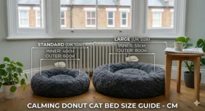 A stylish calming donut cat bed positioned near a traditional British fireplace to create a cosy nook.
