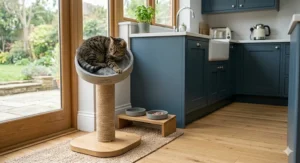 Minimalist white cat feeding station with a clean design suitable for a sophisticated British interior.