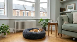Illustration highlighting the non-slip safety base of the calming cat bed on a hardwood floor.