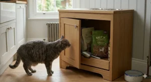 An illustration of two cats eating side-by-side at a double raised station featuring a large central storage bin for bulk food.