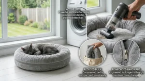 A montage showing a handheld vacuum removing cat hair from a plush bed, a reinforced metal zipper, and a compressed bed for compact storage.