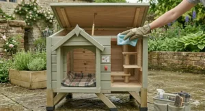 An outdoor cat pod featuring a hinged opening roof for easy cleaning and changing of bedding.
