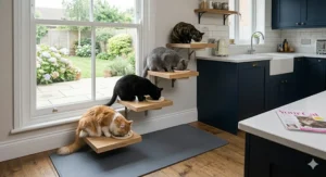A bespoke light-oak tiered cat feeding shelf system in a space-saving arrangement, mounted in a modern UK kitchen and used by four cats.