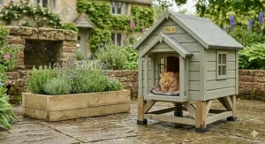 A wooden outdoor cat kennel with raised rubber feet to prevent rising damp and rot from wet ground.