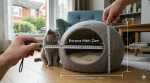 A photorealistic size guide for an enclosed cat bed, with measurements in centimetres showing a 48cm base and 45cm height next to a cat.