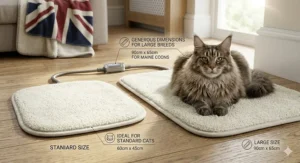 A graphic illustrating the low energy consumption of a 12V heated pet pad, ideal for cost-effective use in British winters.