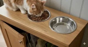 An illustration showing a ginger and white cat eating with improved posture from an elevated station to aid digestion and reduce neck strain.